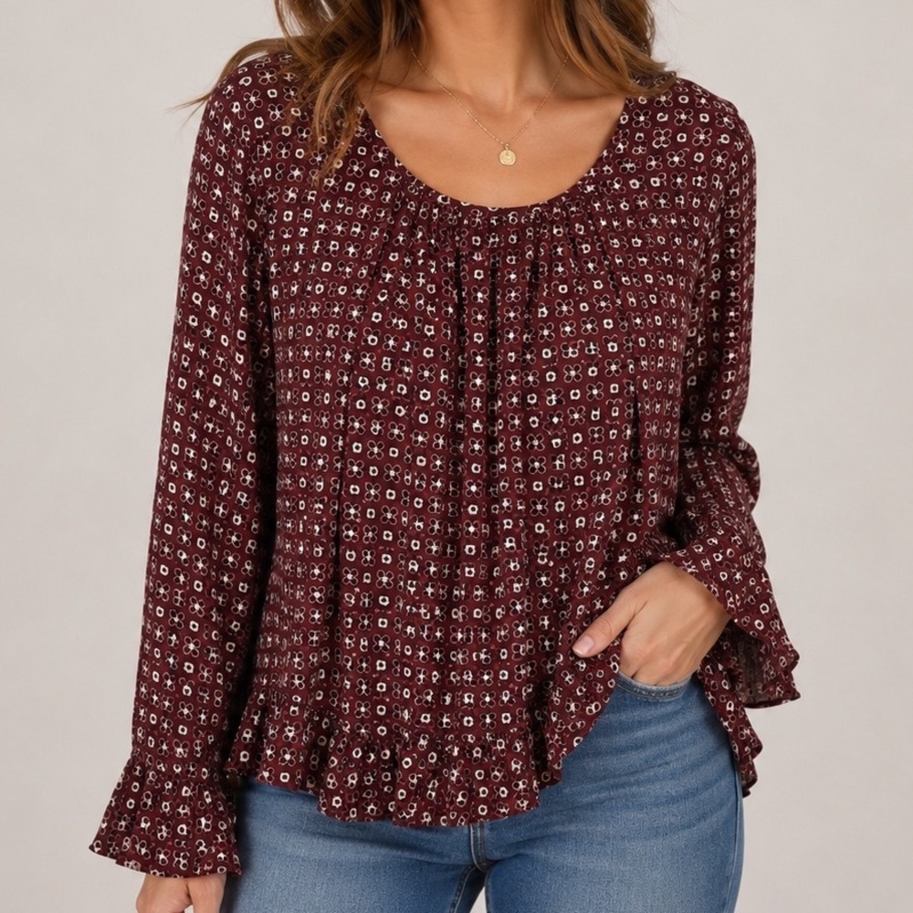 Ann Taylor Factory Floral Print Peplum Blouse S Burgundy Long Sleeve Career Top